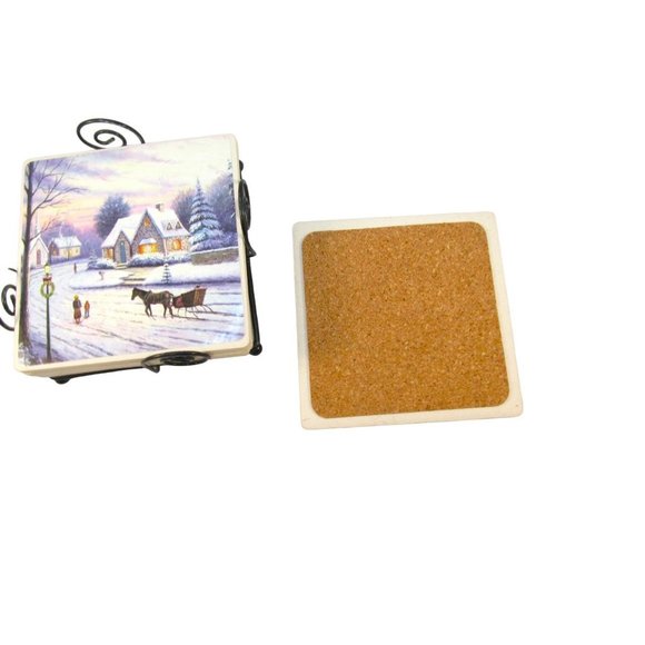 Winter Scene Ceramic Coasters with Wire Holder Set of 4 - Picture 5 of 7